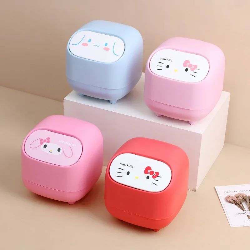 Sanrio Kawaii Hello Kitty Desktop Trash Can My Melody Cinnamoroll Cartoon Bedside Trash Basket with Lid Ins Anime Mini Trash Can