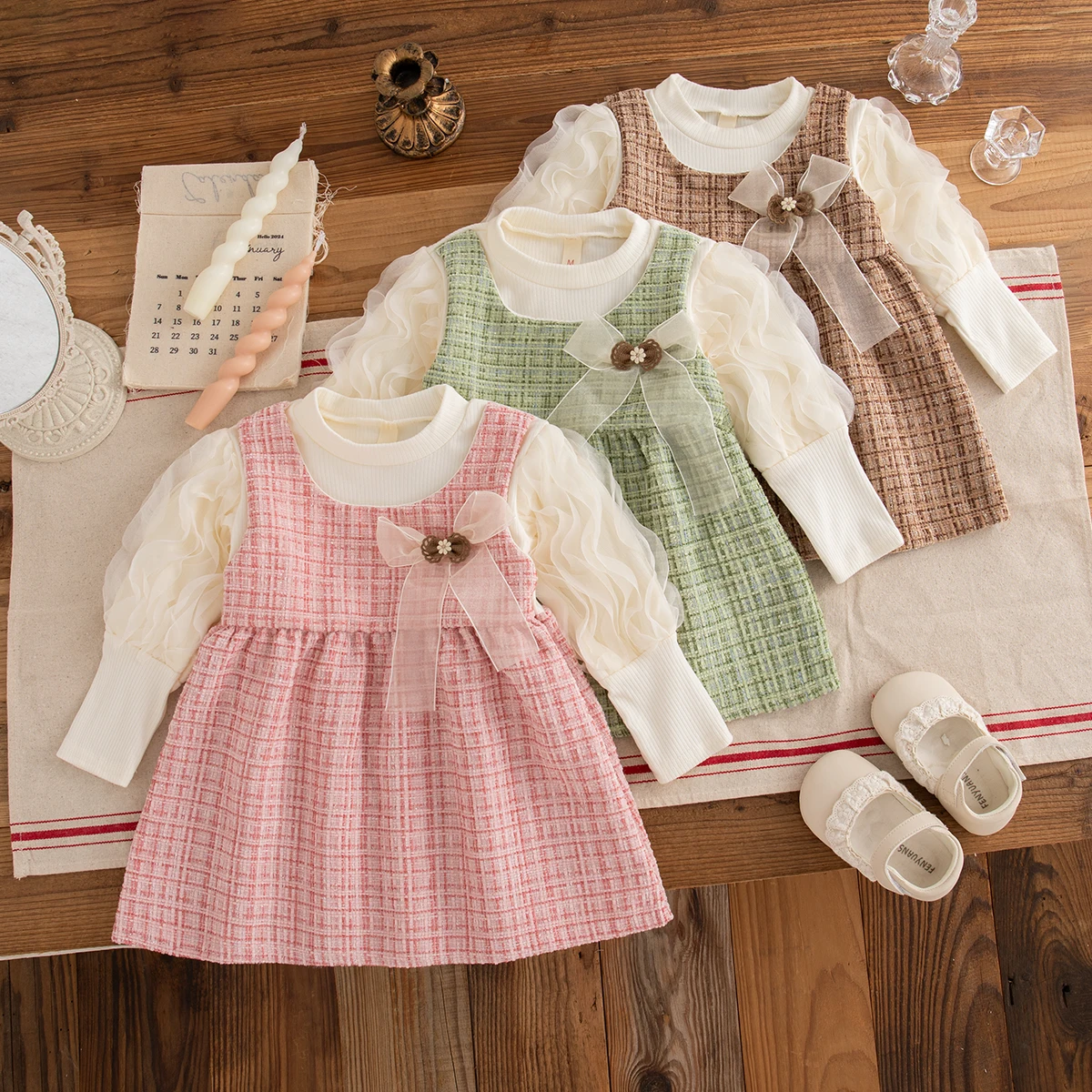 

Party Costume for Girls Bow Decoration Plaid Design Long Sleeved Dress Girl Baby Pink Dress Spring Autumn Kids Clothes