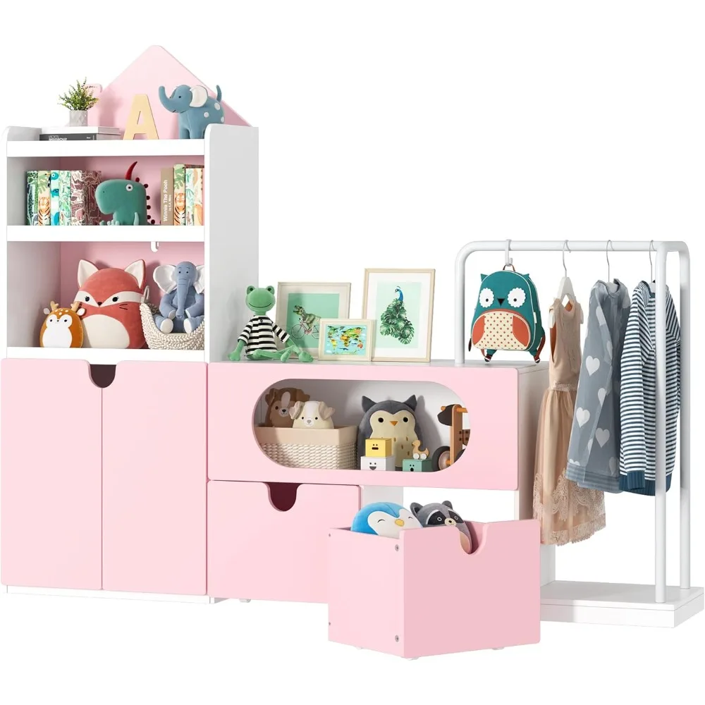 

69" Large Toy Storage Organizer with Clothes Rack, Modular Type Kids Bookshelf & Toy Storage with Two Movable Toy Box