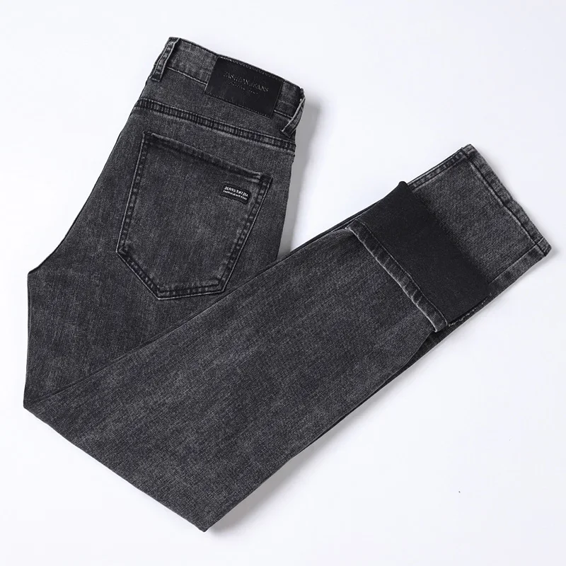 2025 Spring New Men\'s Straight Jeans Elastic Pant Classic Smoke Gray Casual Wear Mid Waist Casual Trousers Black Male Brand