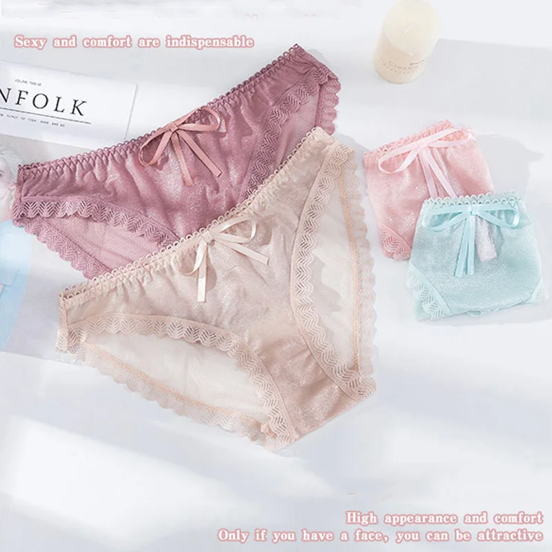 Comfotable Lace Ruffles Transparent Underwear Women Bowknot Sexy Low Waist String Femme Hot Seamless Panties Ropa Interior Mujer