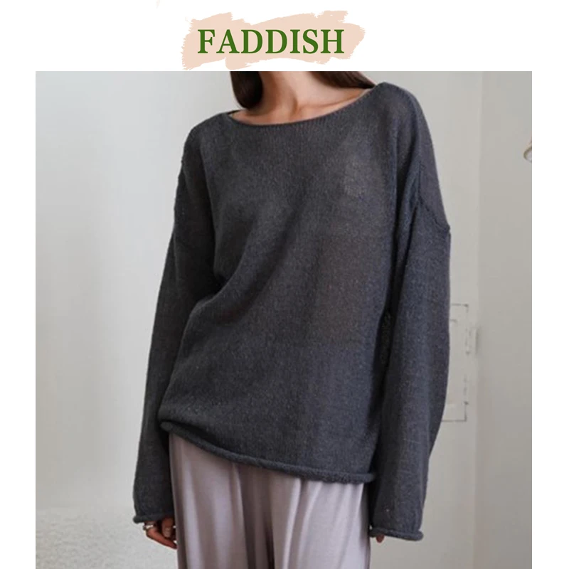 FADDISH 2024 Autumn Women Fashion Loose Round Neck Hollow Out Knitted Sweater Female Solid Color Casual Long Sleeve Top Pullover