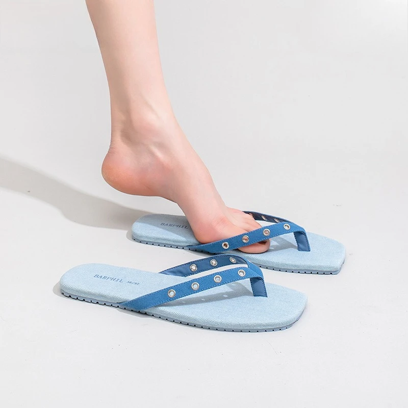 

Новые летние женские модные повседневные пляжные шлепанцы с открытым носком для женщин и мужчин из джинсовой ткани, подходящие для морской одежды
