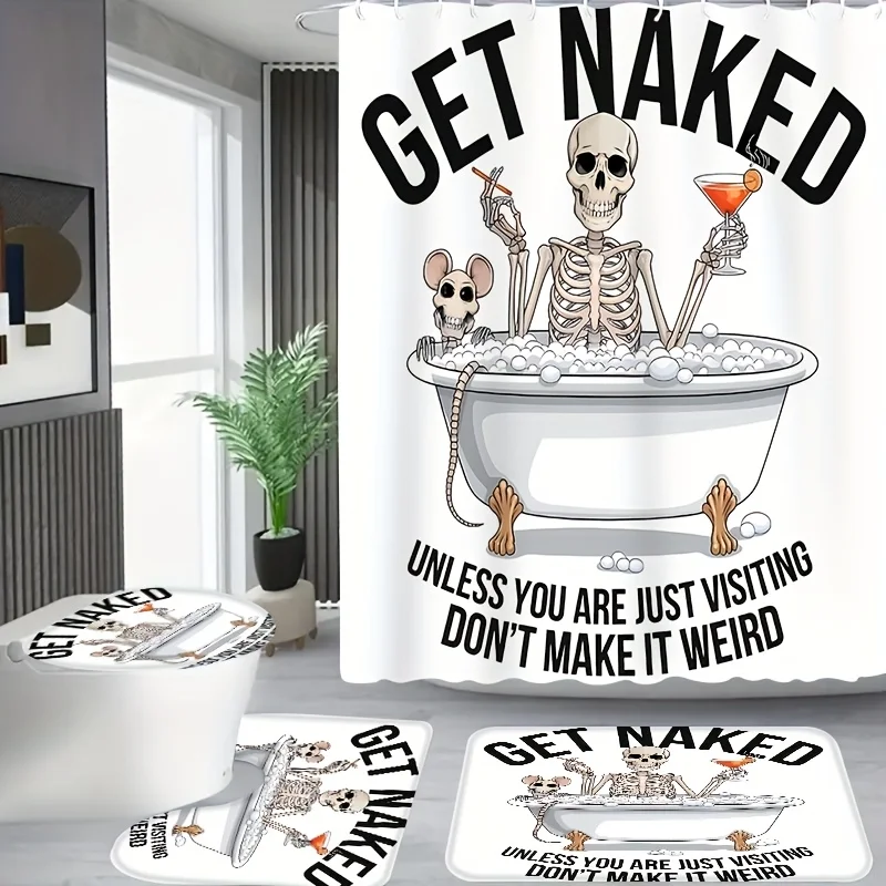 

4pcs Retro Skeleton Bath Pattern Shower Curtain Set with 12 Hooks, Polyester Material - Includes Bathroom Mat, Toilet Seat