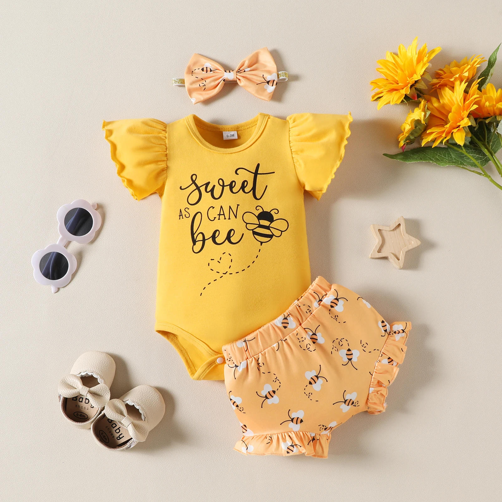 Summer Newborn Cotton Flutter Sleeve Alphabet Bee Printed Bodysuit Hoodie Lace Shorts With Bow Hairband 3 Piece Set