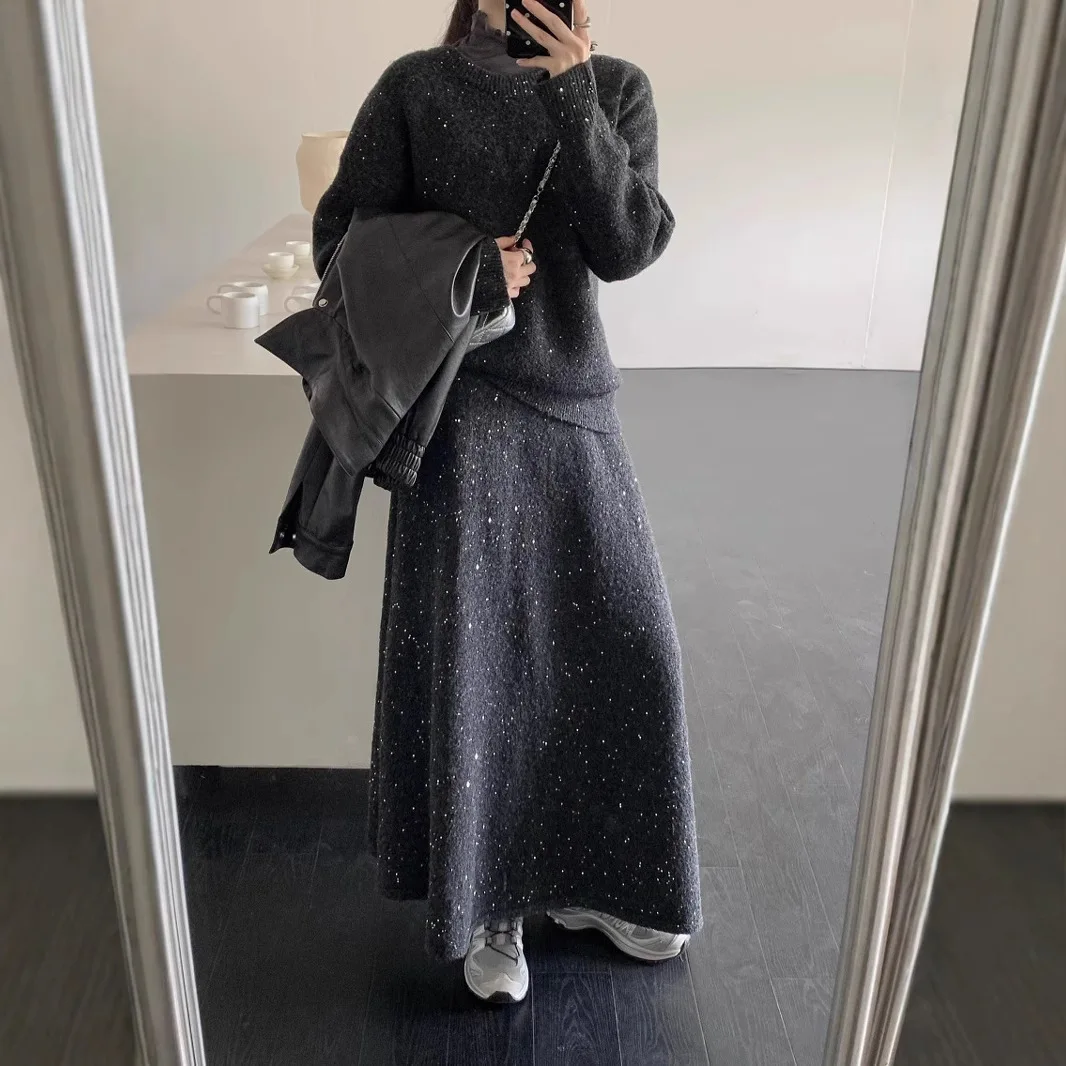 

Two Pieces Women Knitted Dress Set Solid Matching Set Sequin Round Neck Pullover Ankle Length Skirt Casual 2025 Autumn Winter