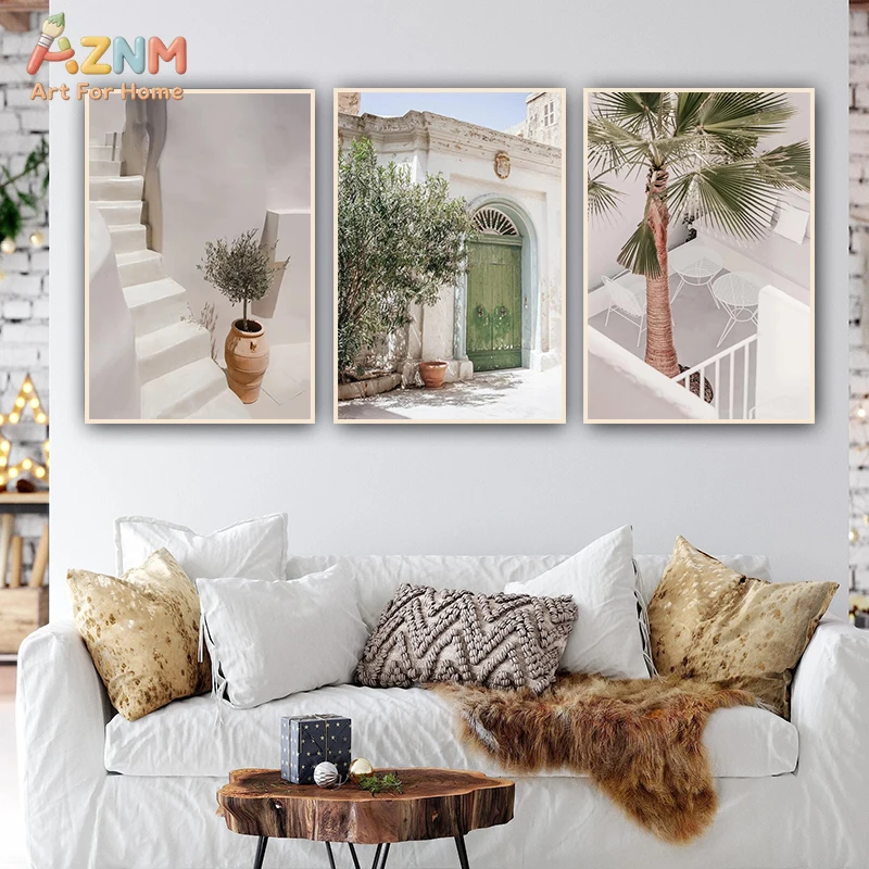 AZNM Boho Mediterranean Coastal Cityscape Canvas Wall Art, Neutral Santorini Style Staircase Green Door Palm Tree Print, Framele