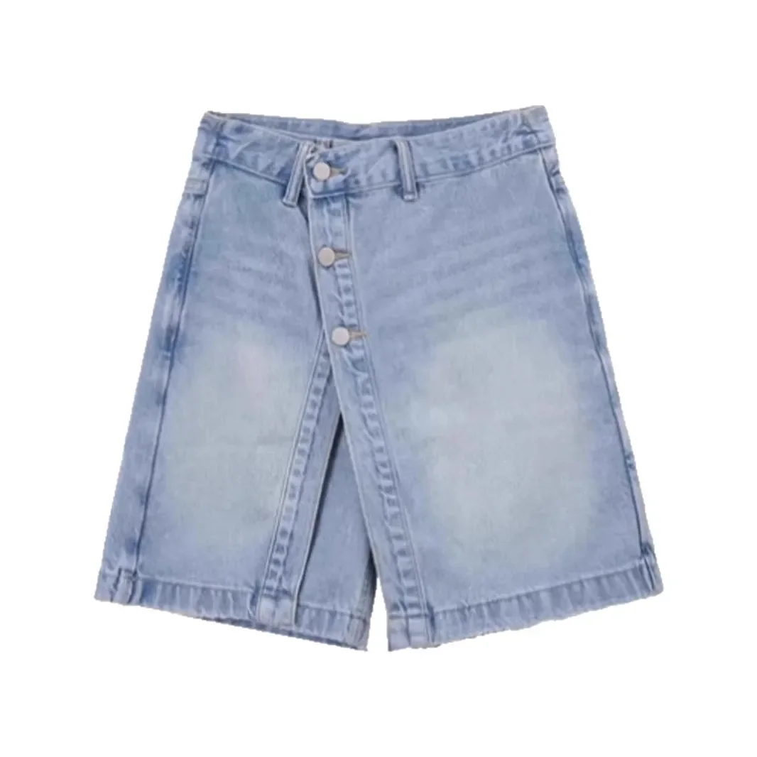 Lichtblauwe denim rok dames zomermode plus maat ontwerp gevoel nep tweedelige a-lijn minirok lage taille katoen