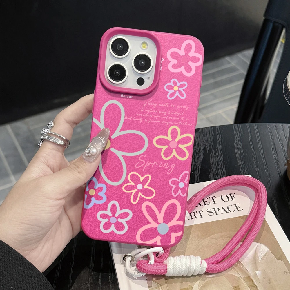 Candy Flowers Hand Wrist Strap Leather Phone Cases For iPhone 17 13 11 12 Pro Max Plus 15 14 16 XR XS 17 Air With Lanyard Cover view 5