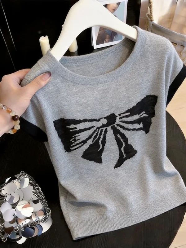 

Slimming Loose Knitted Short Sleeve Top Knot Print round Neck Younger Looking Thin Fashionable Women's Spring T-shirt