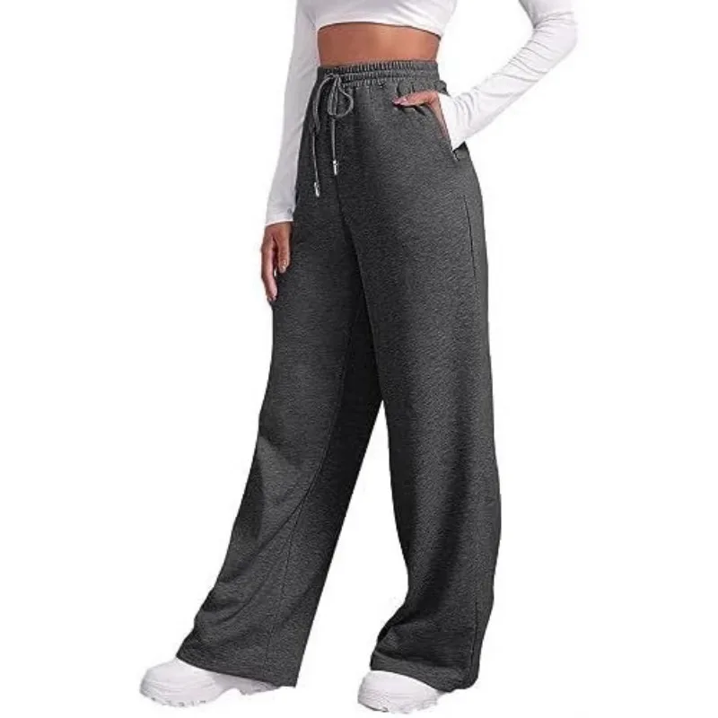 Women Summer Thin Drawstring Wide Leg Sweatpants Casual Straight Sport Trousers With Pockets