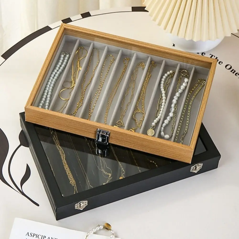 

Velvet Fabric Jewelry Storage Tray Solid Color Glass Lid Long Necklace Box Wooden Dust Proof Necklace Organizer Container