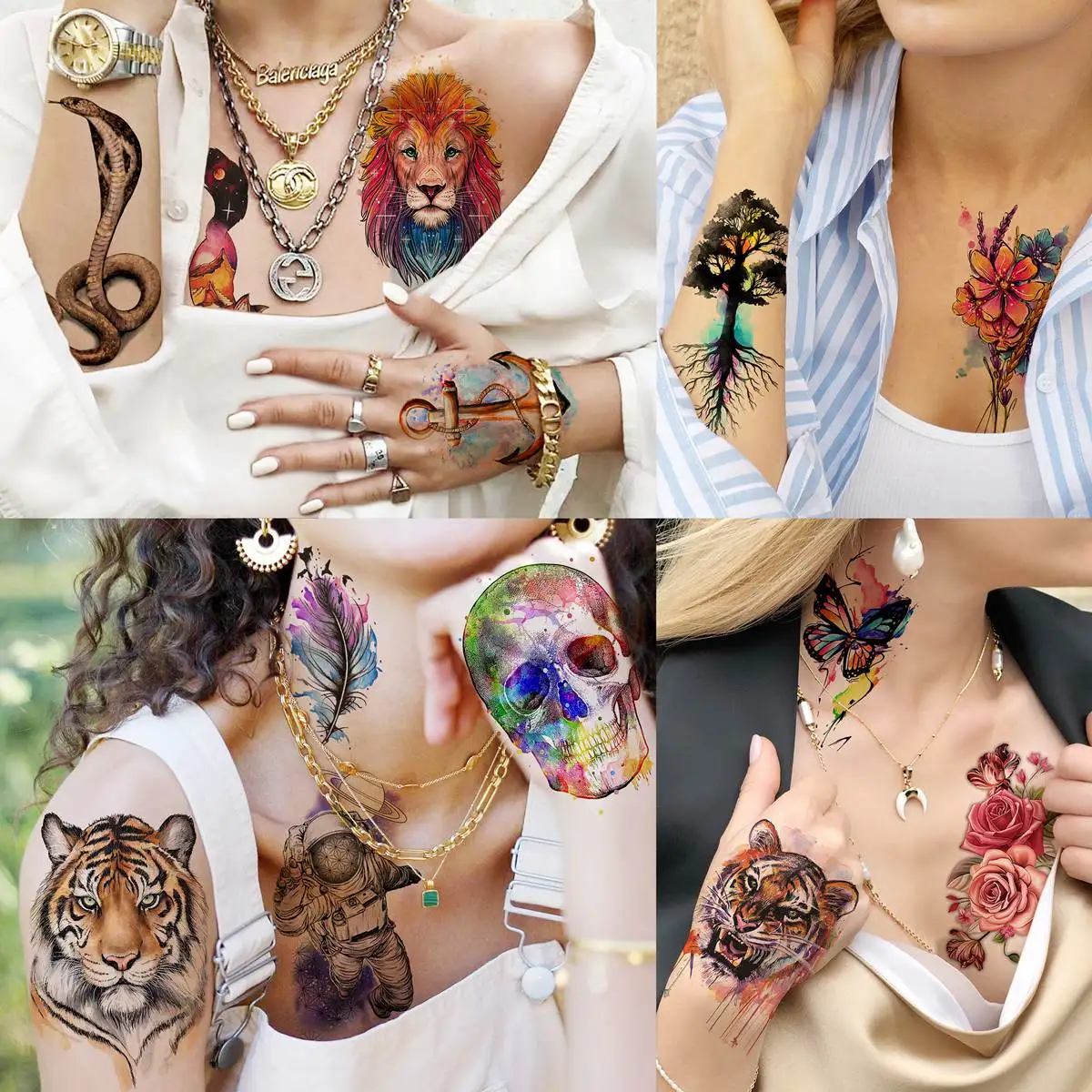 55 Sheets 3D Watercolor Temporary Tattoos For Women Adults Arm Fake Tattoos Colorful Wolf Rose Flower Tiger Lion Tatoos Body Art