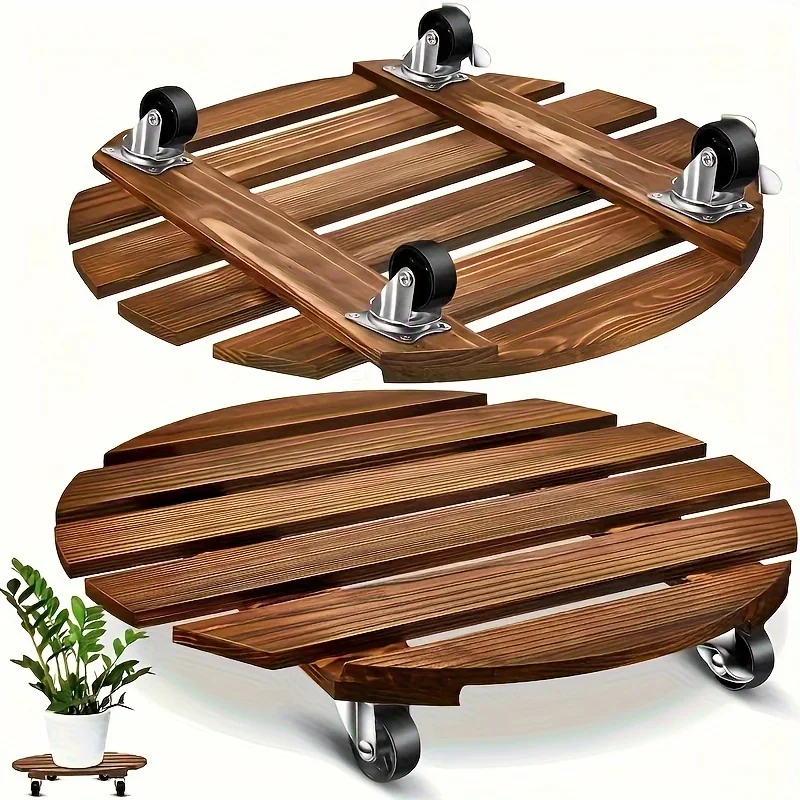 Movable Flower Pot Stand with Smooth Wheels Round Plant  Stand Sturdy Wooden Base for Large Planters Patio Use