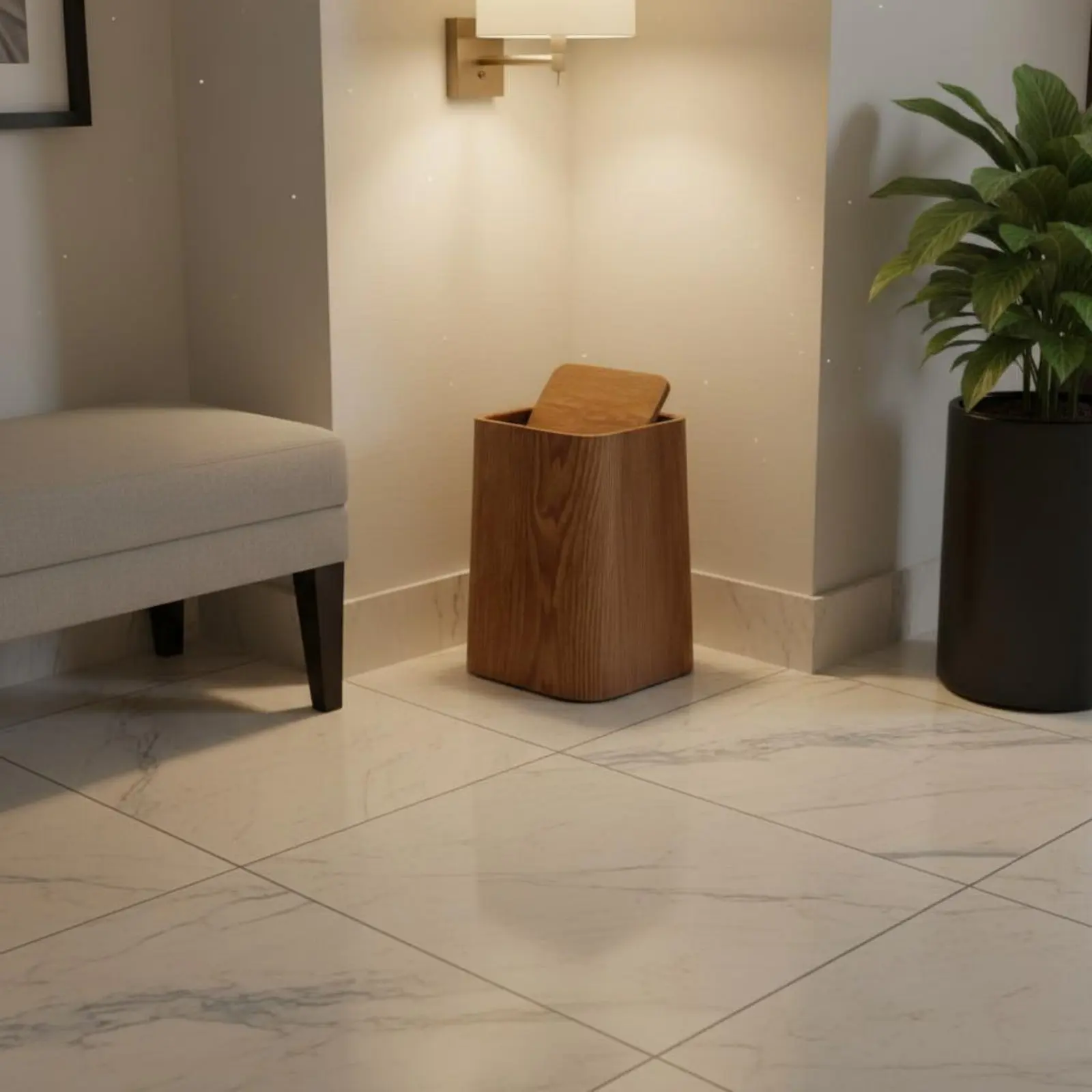 

Wood Grain Trash Can Easy to Clean Faux Wood Waste Bin Slim Rectangular Wastebasket Secure Bag Retainer Double Container Trash
