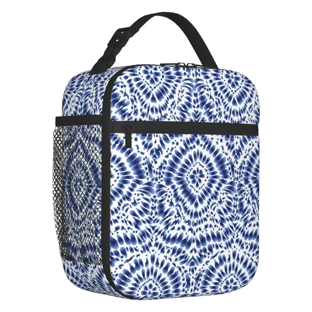 

Indigo Blue Tie Dye Pattern Portable Lunch Box for Women Leakproof Thermal Cooler Food Insulated Lunch Bag Kids School Children