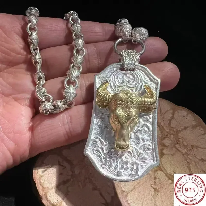 925 Tibetan Silver Bull Head Pendant Necklace, Handmade by Folk Artisans, Ethnic Lucky Protection Amulet