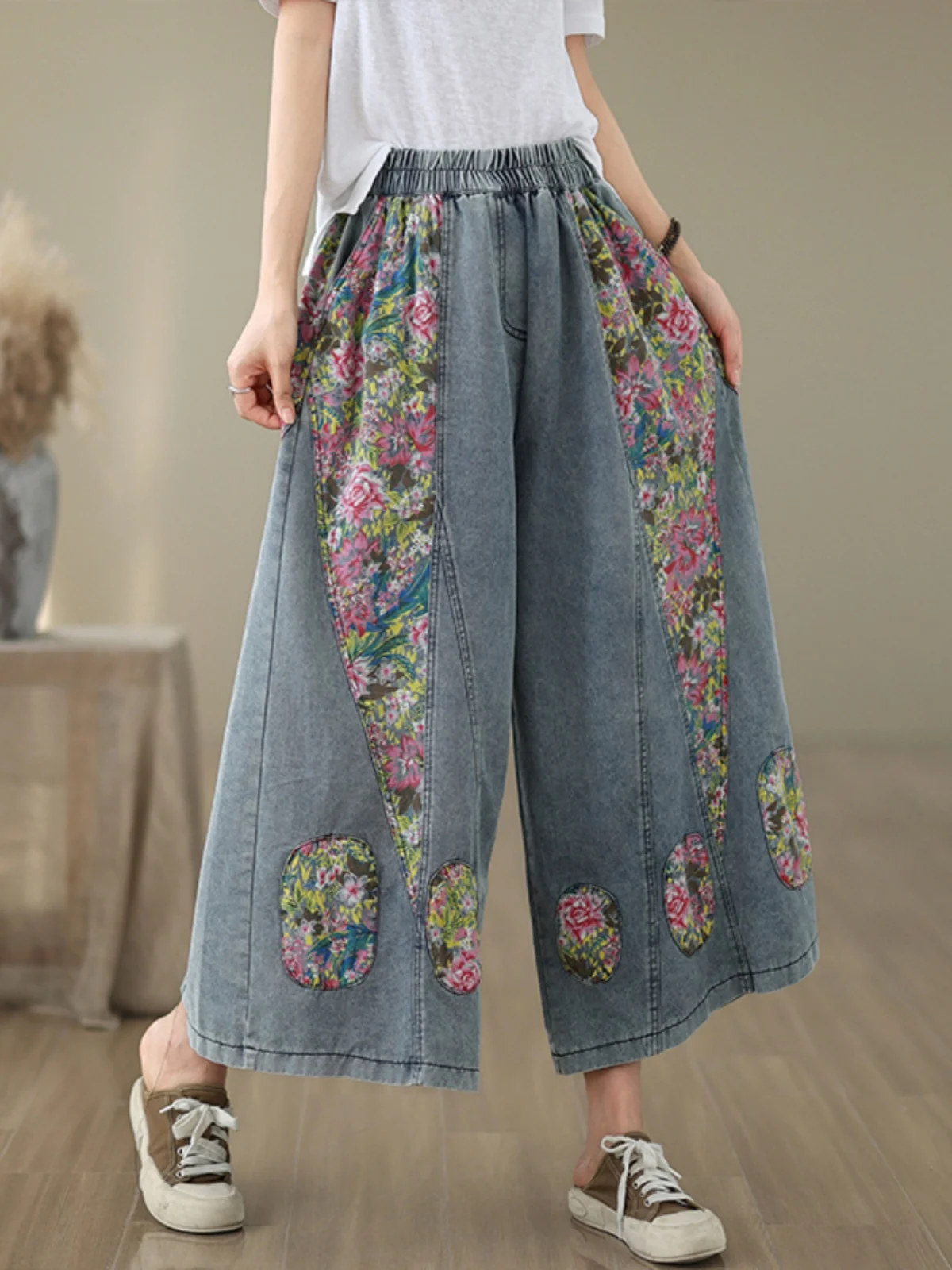 Retro kleur blo print getailleerde denim broek hoge taille dunne sle afslankende casual negenpunts wijde pijpen broek voor dames