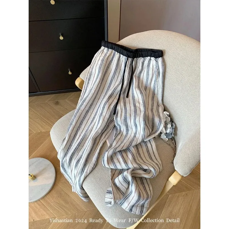 

Japanese Striped Drawstring Elastic Waist Wide Leg Pants Loose Slimming Cotton and Linen Straight Casual Trendy