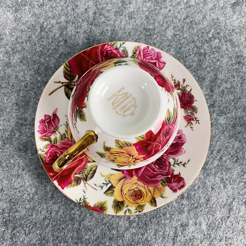 Bone China  Tea Cup Set of 6 Beautiful Flower Tea Cup Set Rose Pattern High Foot Ceramics Mug  Birthday  Commemoration Day Gift