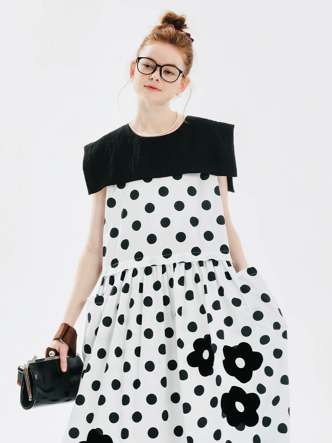 

IMAKOKONI original design black polka dot sleeveless loose lace patchwork summer dress 244730