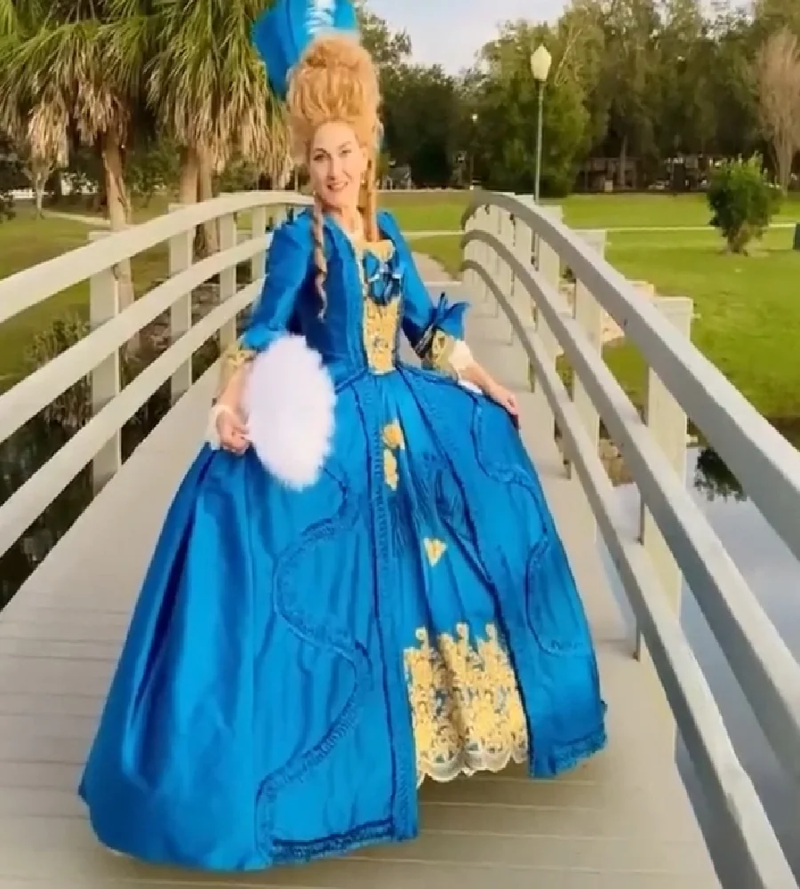 Nostalgic Blue Rococo Prom Dress With Gold Appliques Long Sleeves Ruffles Victorian Duchess Evening Dress French Baroque Party
