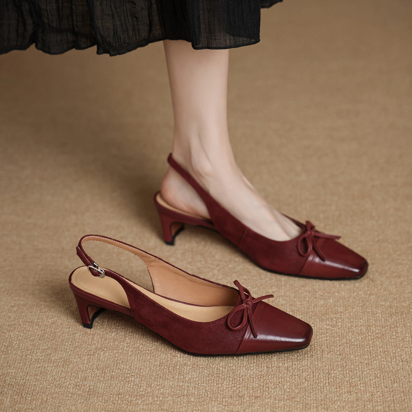 2026 new summer women sandals natural leather 22-25cm cowhide+pigskin square toe back-buckle hick heel women shoes fashion