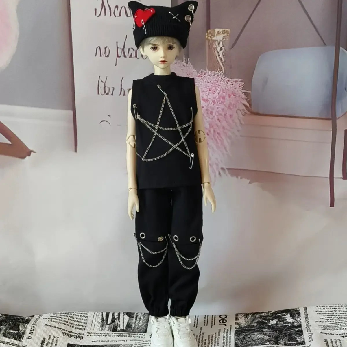 Doll's Clothes for 1/4 Male Female Bjd Doll Suit Hat Chain Sleeveless Vest Chain Pants Versatile Diy Girl Toys Doll Accessories