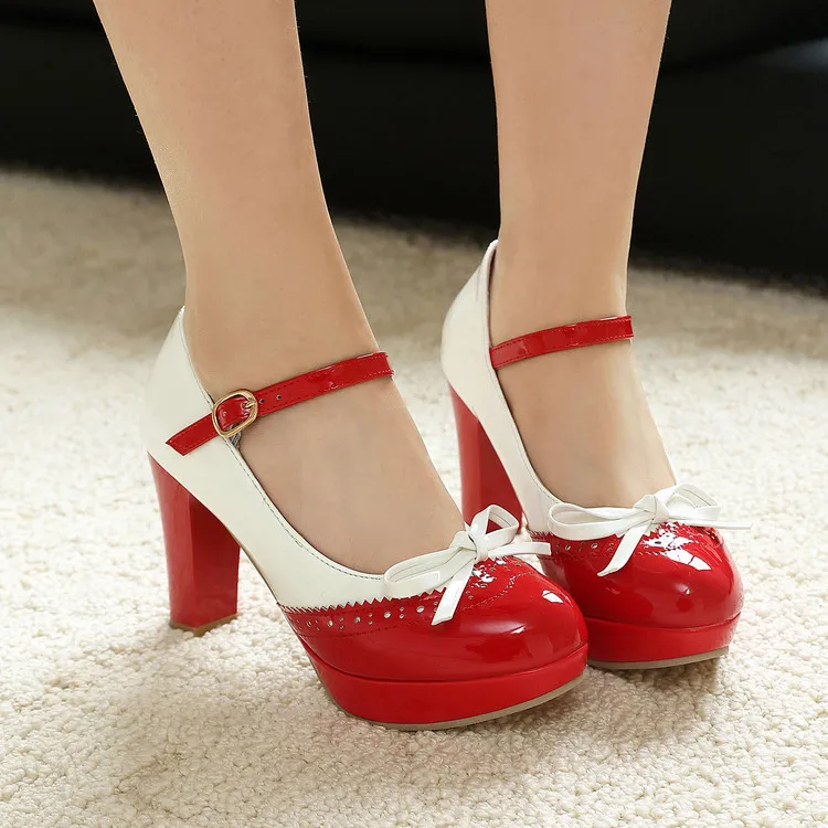 Women Red White Platform Mary Janes High Heels Shoes Cute Bow Patent Leather Ankle Strap Pumps Party Dress Footwear