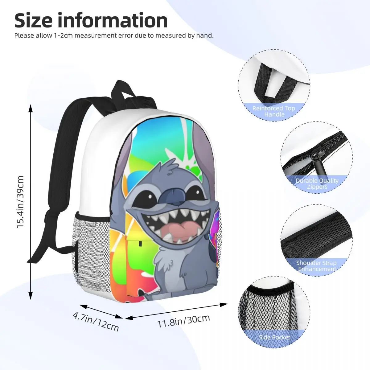 Disney Stitch 15-Inch Waterproof Backpack - Lightweight Travel Bag with Multiple Pockets for Organization