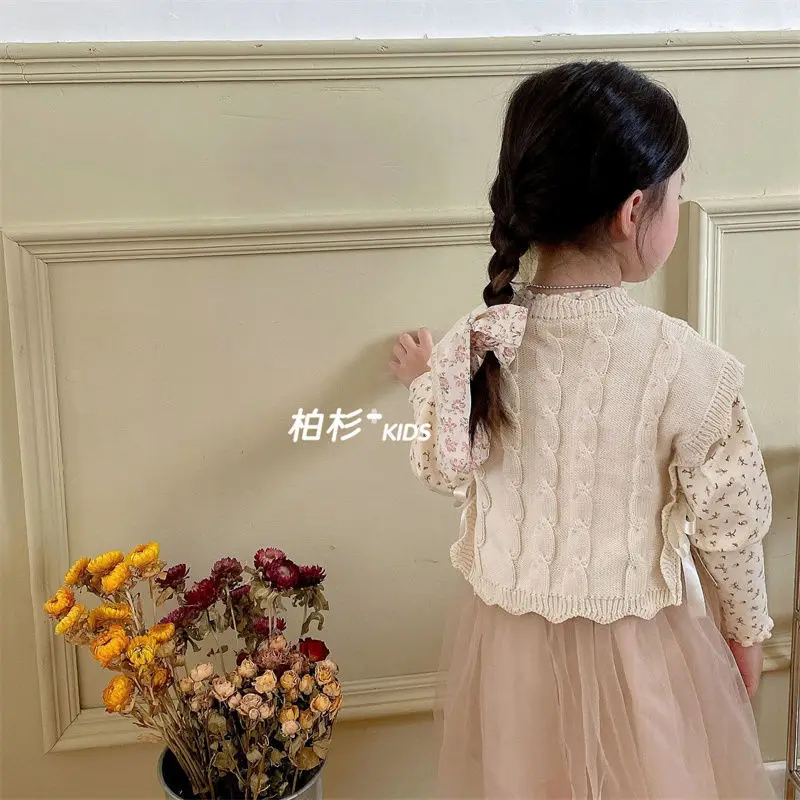 Korean Style Autumn Winter Baby Girls Knitted Vest Sweater Solid Color Kids Waistcoat Infant Outwear