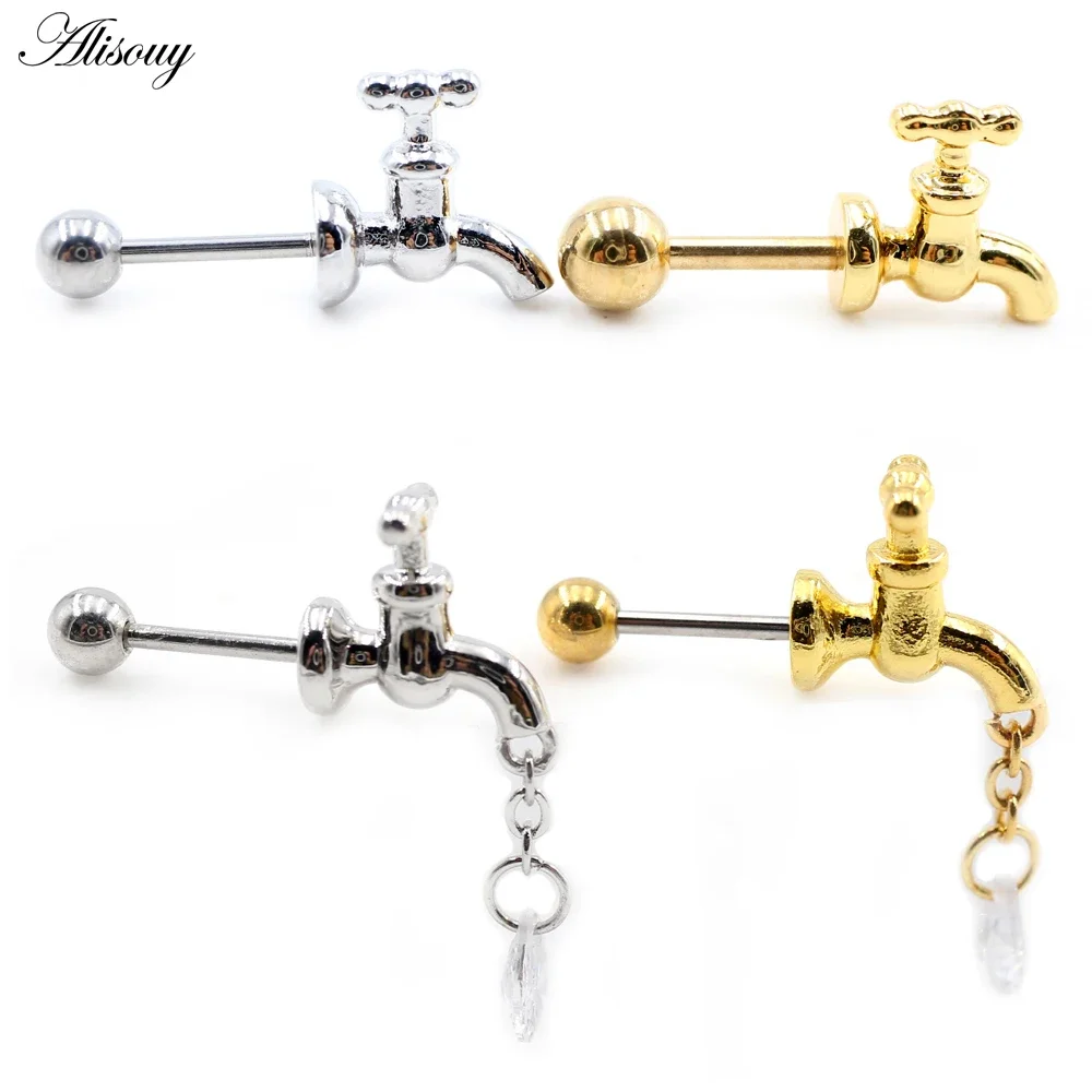 Alisouy 2PC Stud Earrings Water Drop Zircon Stainless Steel Tap Stopcock Women Men Ear Cartilage Tragus Helix Pierceing Jewelry