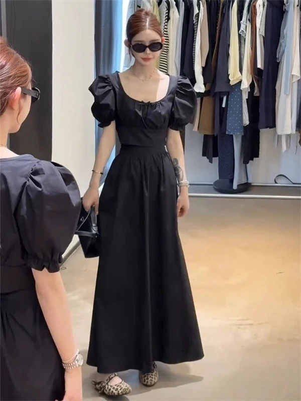 

Korean Sle Slimming Summer Outfit Women's ort Sve Bubble Sve Top And f-length Skirt Set Ele Faionable