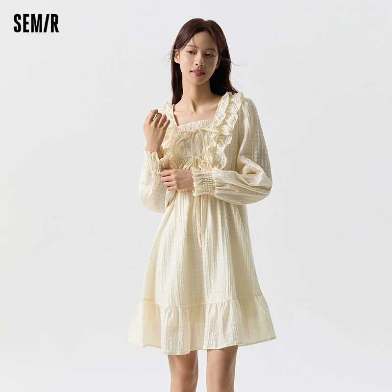 Semir 2024 Dress Women Ruffled Bow Romantic Spring New Sweet Square Neck Textured Skirts Women