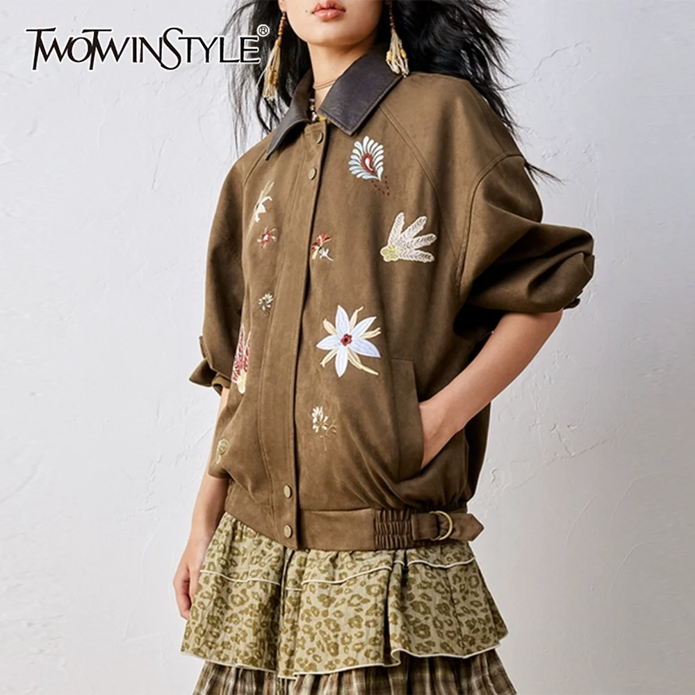 

TWOTWINSTYLE Coffee Spliced Embroidery Jacket Female Lapel Long Sleeve Loose Streetwear Retro Women's Jackets Autumn Fashion New