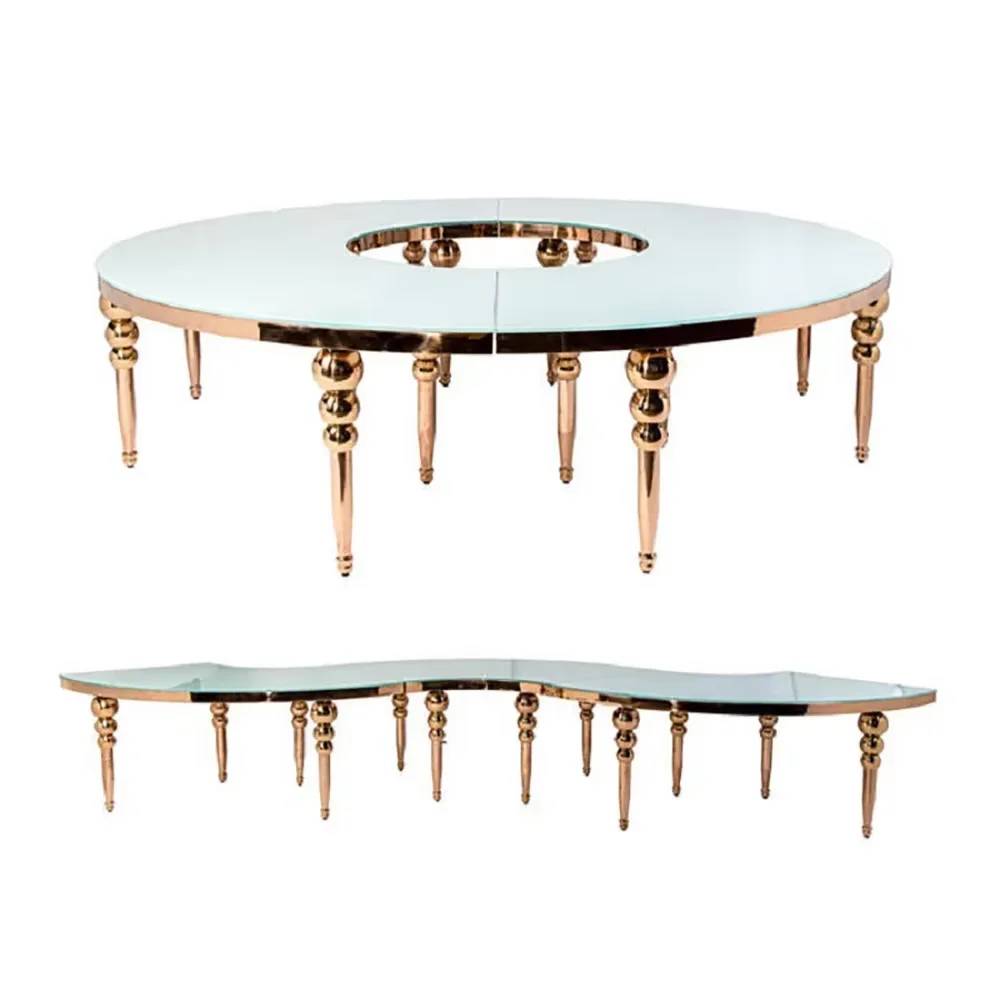 Luxury Stainless Steel Luxury Gold Round Banquet Party Table Dining Dinner Table Glass Serpentine Wedding Cake Table for Event