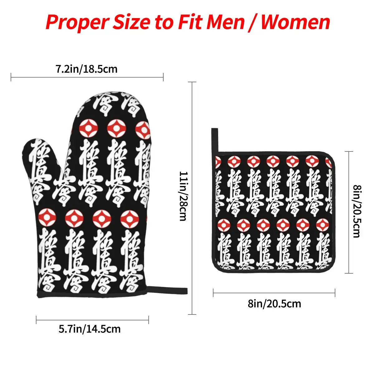 Kyokushin Karate Kanji Taijutsu Oven Mitts and Pot Holder Sets of 4 for Baking Kitchen Cooking BBQ Resistant Non-Slip Gloves