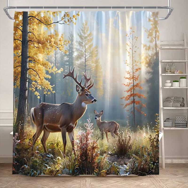 Autumn Forest Elk Shower Curtain Rustic Red Maple Trees Waterfall Wild Animals Fall Landscape Bath Curtains Home Bathroom Decor