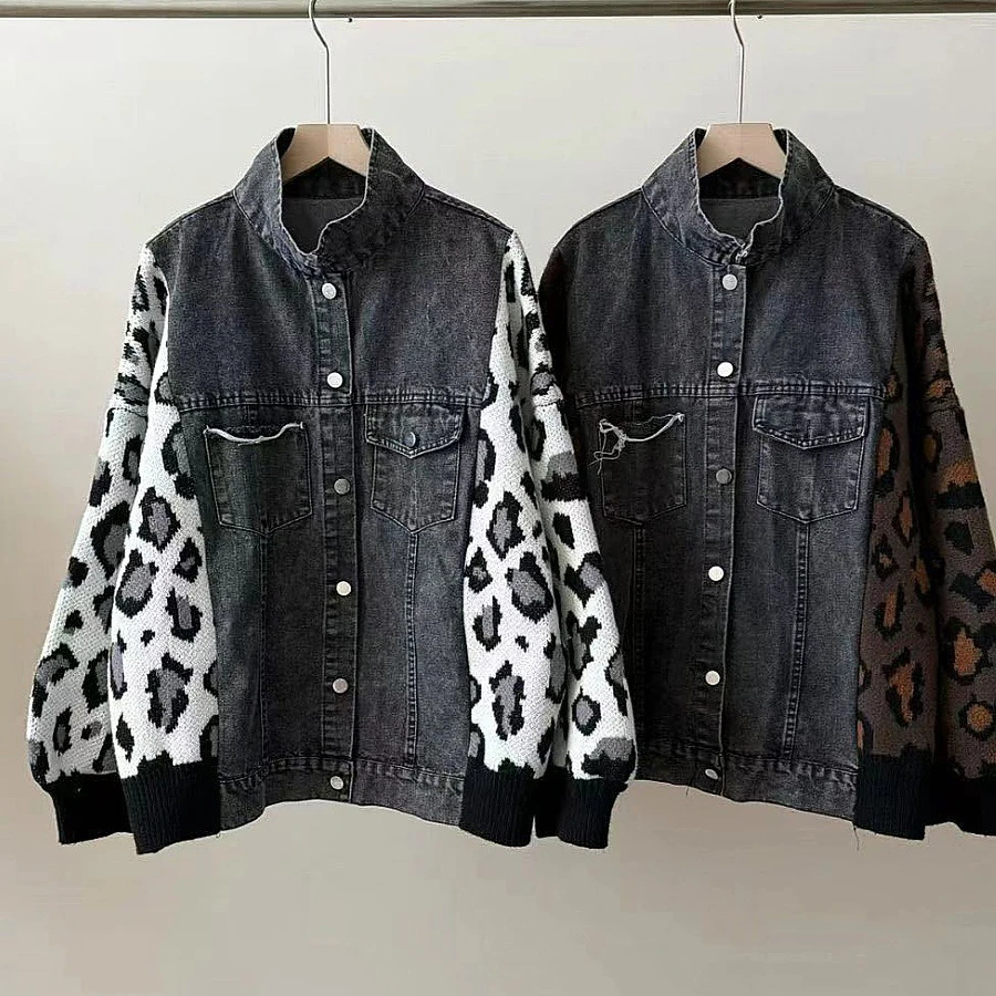 

Осень-зима 202, новая джинсовая лоскутная куртка с леопардовым принтом для женщин, свободный модный однобортный кардиган, пальто, женская верхняя одежда
