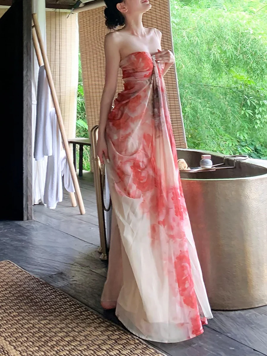 

Elegant Slimming Chinese Style Tie Dye Dress Women's Fashion Summer New Arrival 2025 Floral Print Chinoiserie Single Piece