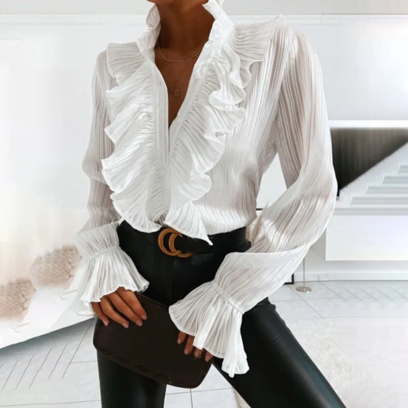 New Ruffled Long Sleeves Button Shirts Blouse Women Sexy V-neck Spring Autumn Shirt Office Lady Clothing Streetwear Summer Tops