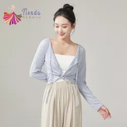 Ballet Long Sleeve Wrap Top for Women Self Tie Cardigan Shrug Sweater Blouse Adult V Neck Front Cross-Back Lace-up Bolero Jacket