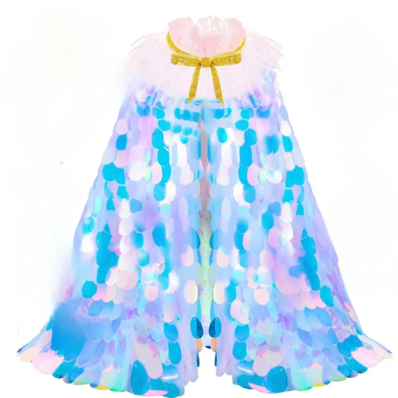 Shiny Fish Scale Cape & Mermaid Crown Set for Girls, Sequined Princess-Style Cape, Outfit Set for Birthday Photoshoots & Parties - view 5