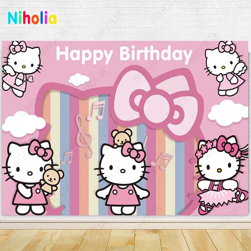 MINISO Hello Kitty Backdrop for Kids Birthday Party Background Cartoon Cat Decor Baby Shower Photography Studio Props Banner