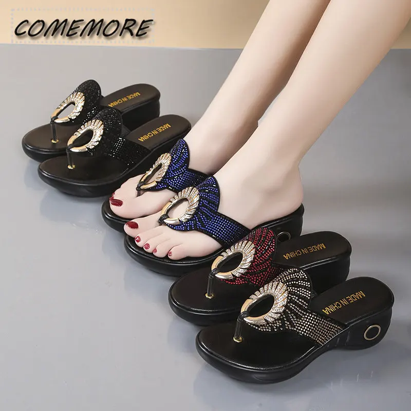 Retro Ladies Slippers Summer New Platform Wedge Rhinestones Flip-flops Sandals Fashion Comfy High Thick Heel Slippers for Women