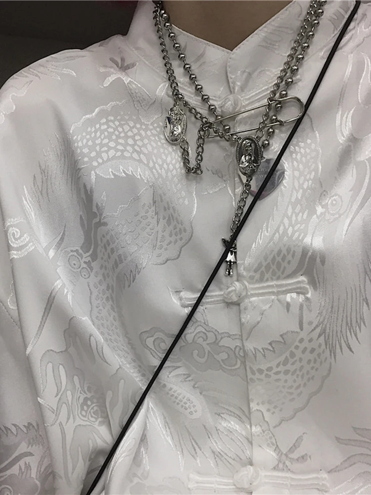 

Новая китайская мужская рубашка из ледяного шелка с длинным рукавом, с драконьим узором, парный комплект, повседневная свободная модель на пуговицах, летняя мода