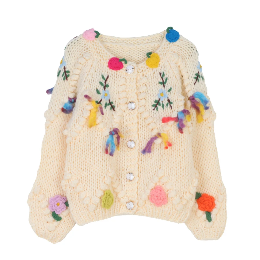 

Women's Cardigans Sweaters 2025 Fall Winter New Fashion O-neck Long Sleeve Handmade Crochet Embroidery Loose Knit Sweater