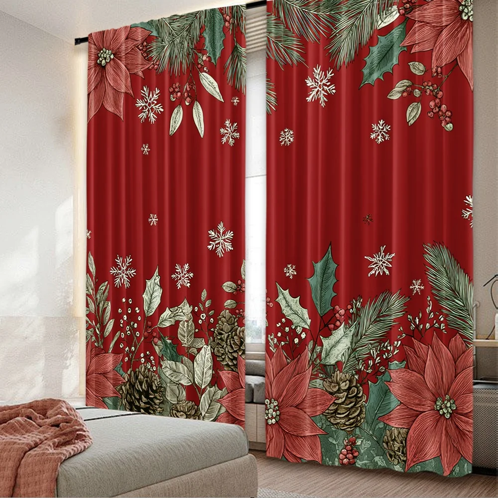 2pcs 2D flat printing Scene Curtains Christmas Poinsettia Snowflakes Pinecones Holly 100% Polyester Fabric Without Electricity 0