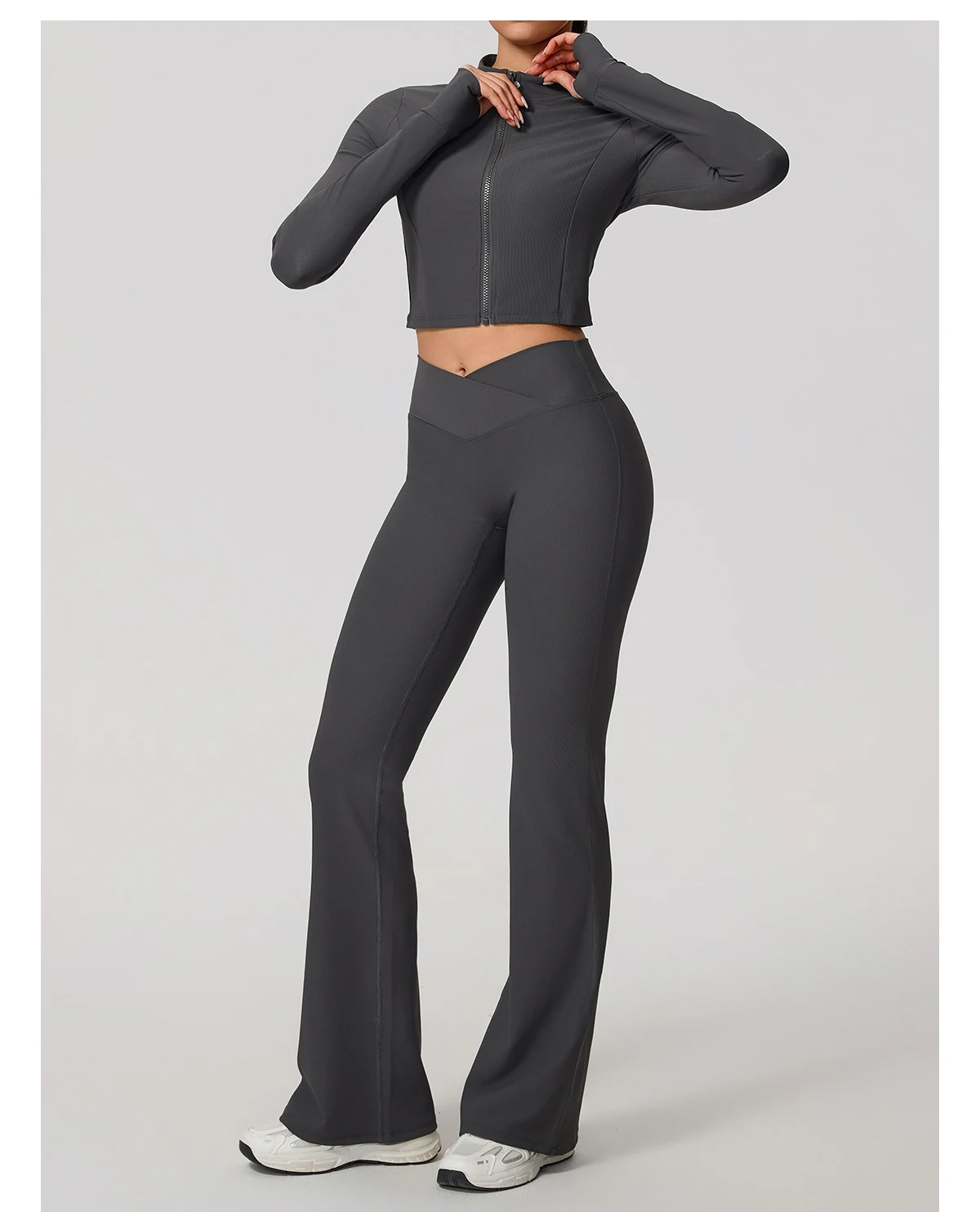 Sommer Damen 2-teiliges Langarm-Yoga-Set V-Taille Gerippte Schlaghose Sportsets Damen Fitness Gym Sportanzug – Detail 18