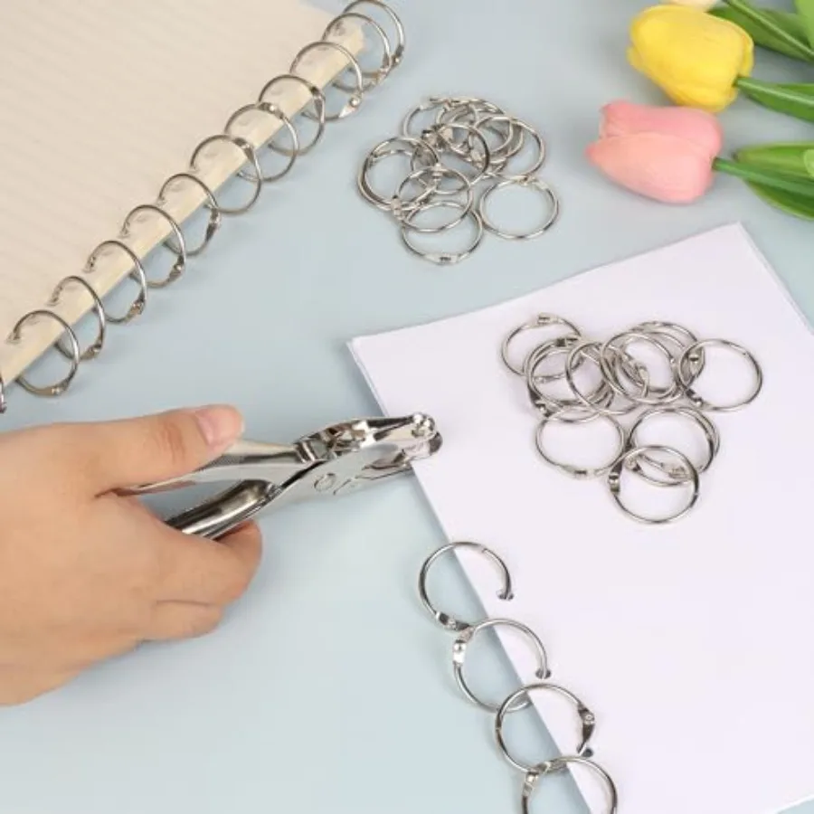 50 anéis de livro dos pces com 1 pacote de metal único furo perfurador 1 Polegada anéis de pasta de folhas soltas anel de pasta de aço niquelado para a escola